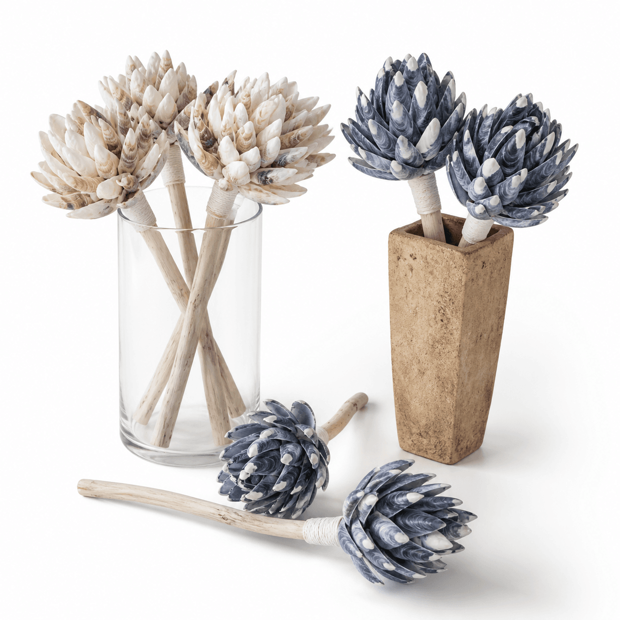 Handmade coastal shell bloom arrangements